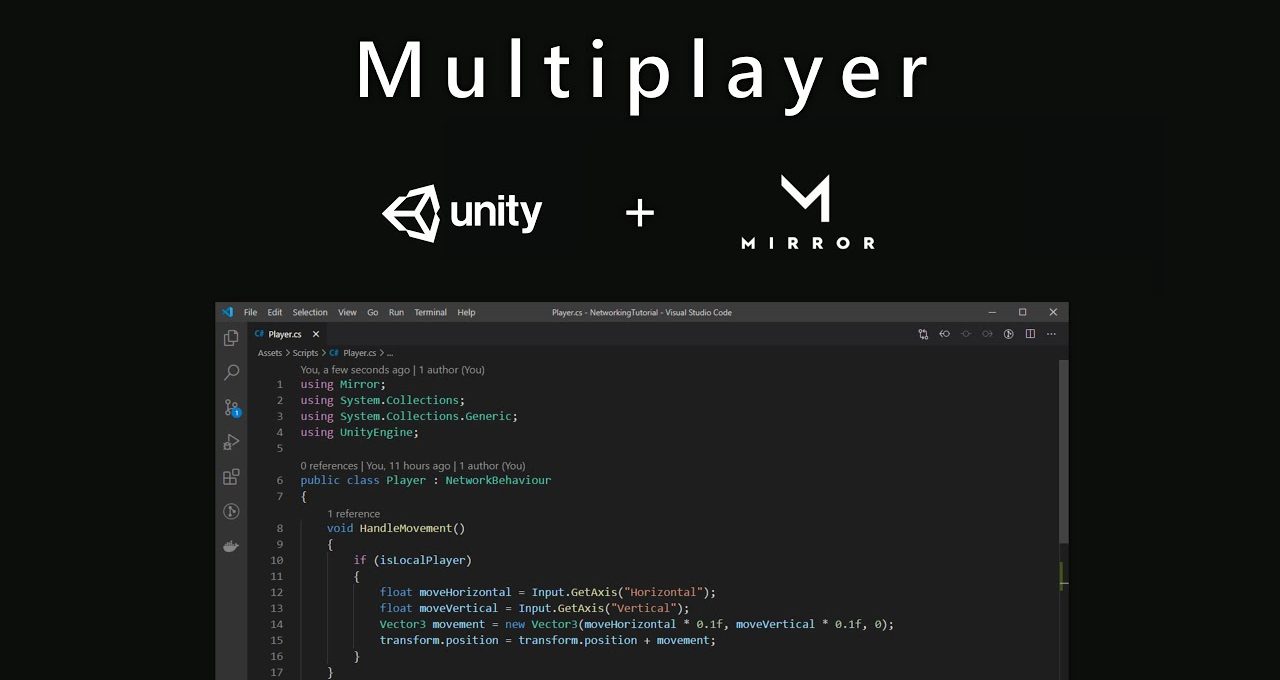 Dark slide showing "Multiplayer" title, Unity and Mirror logos above code editor screenshot