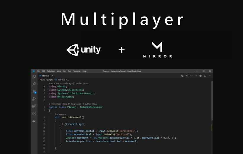 Dark slide showing "Multiplayer" title, Unity and Mirror logos above code editor screenshot
