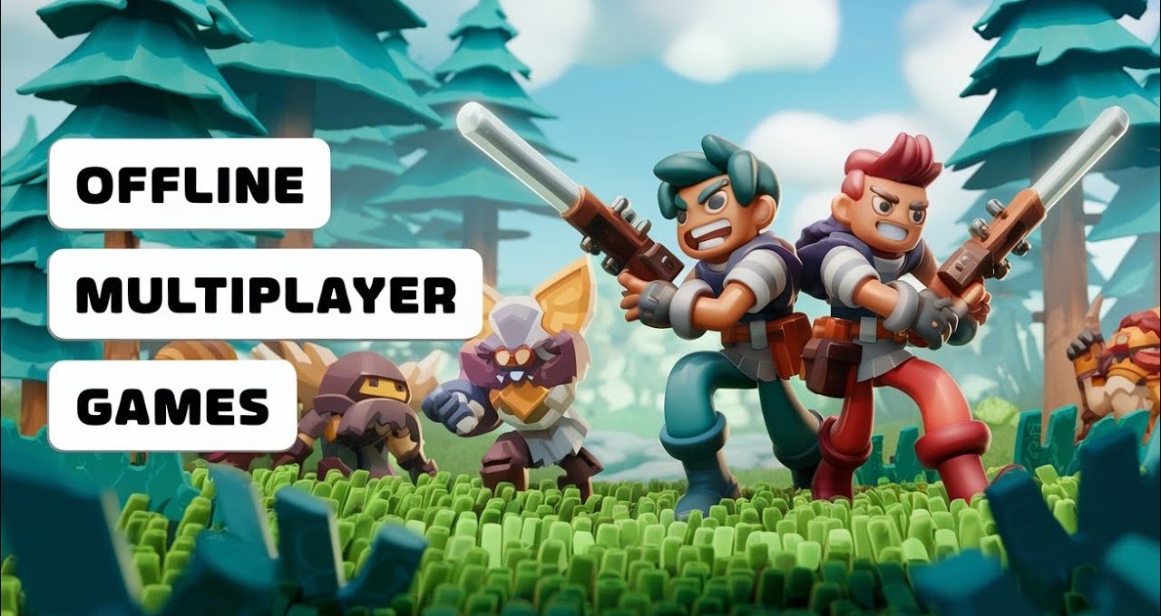 Two cartoon adventurers back-to-back aiming rifles in a colorful forest battlefield.