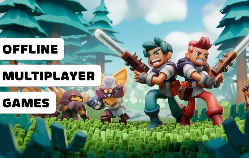 Two cartoon adventurers back-to-back aiming rifles in a colorful forest battlefield.