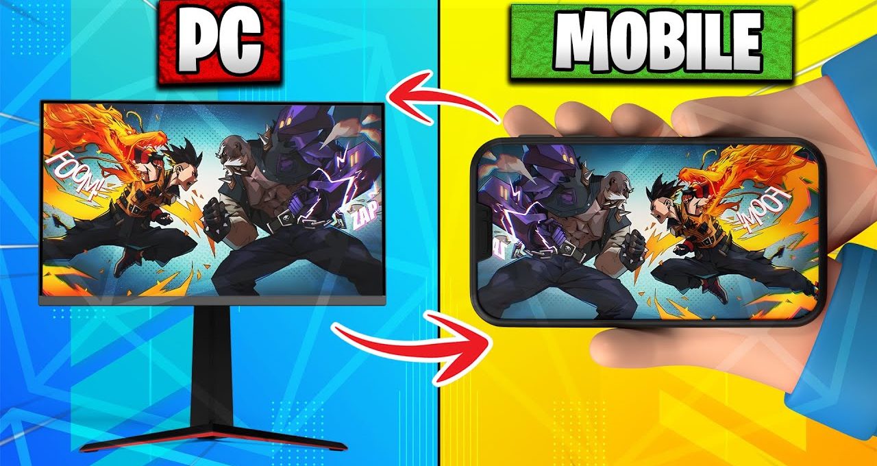 Split-screen showing same fighting game scene on a PC monitor left and smartphone right