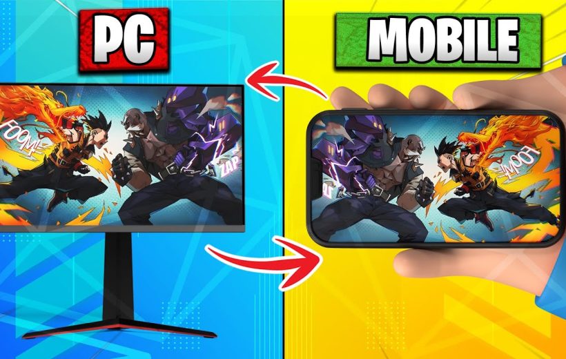 Split-screen showing same fighting game scene on a PC monitor left and smartphone right