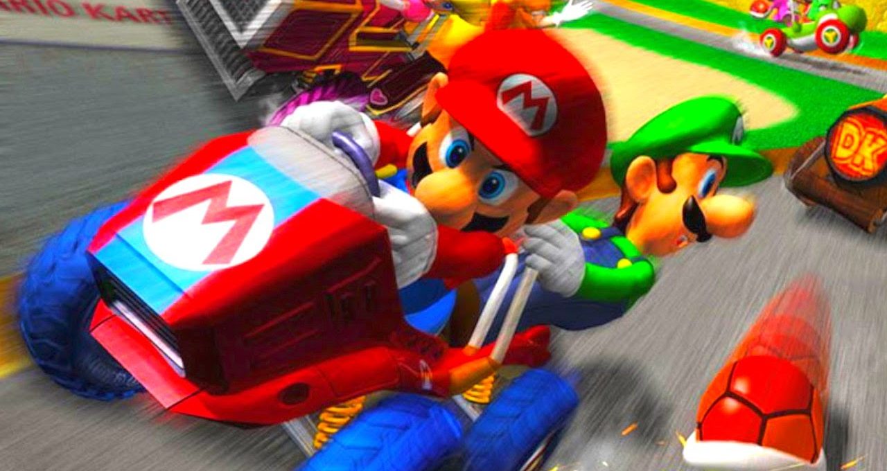 Mario and Luigi racing karts dodging a red shell on a colorful track