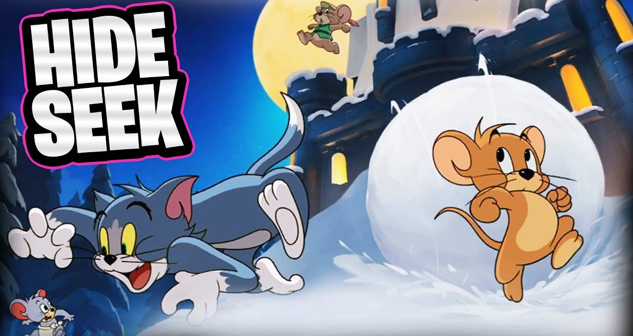 Jerry escaping in a snowball while Tom lunges toward him under moonlit castle