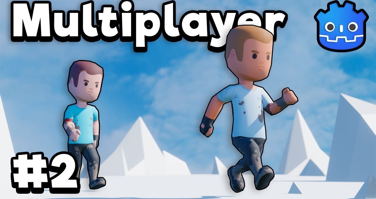 Two cartoon game characters running across a snowy geometric landscape under blue sky