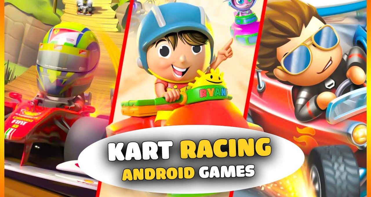Colorful cartoon kart racing characters driving karts with bold "Kart Racing Android Games" text.