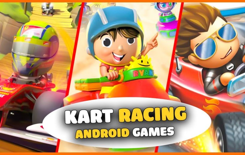 Colorful cartoon kart racing characters driving karts with bold "Kart Racing Android Games" text.