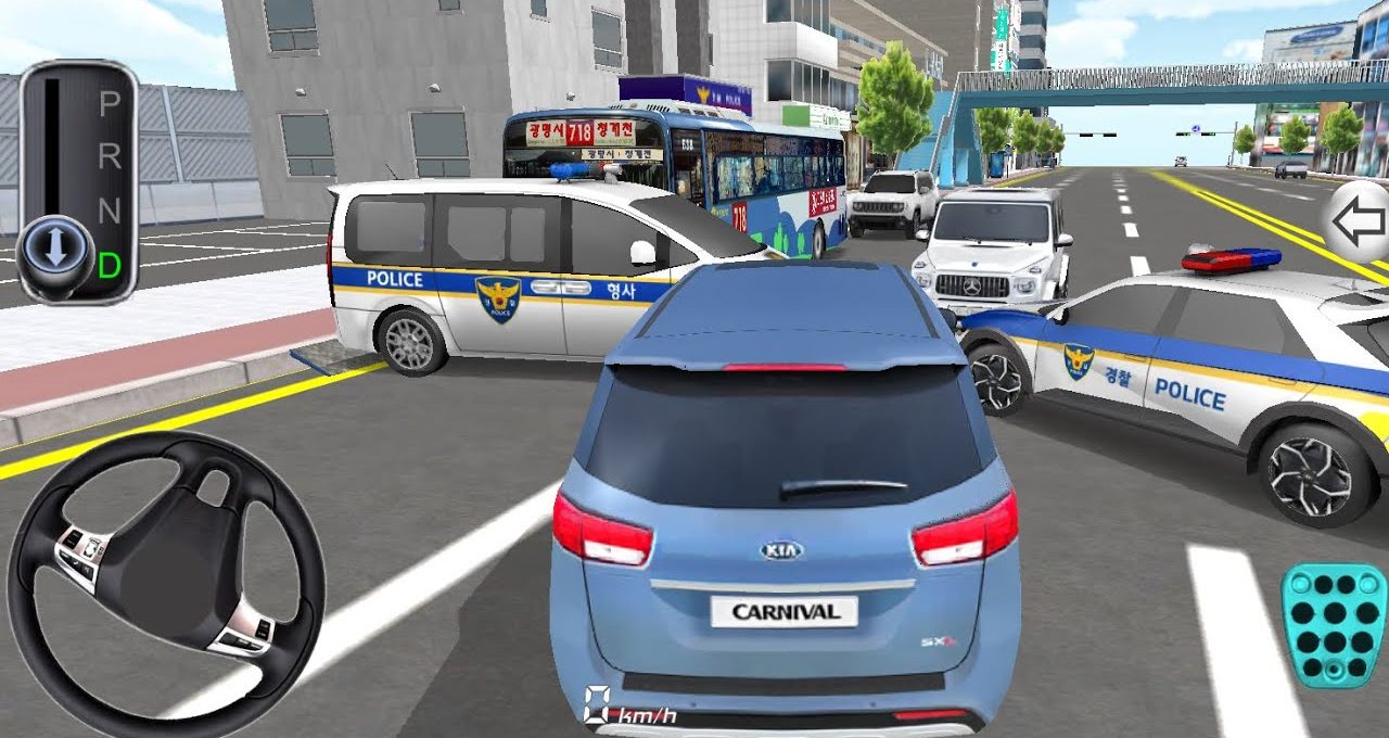 Blue Kia Carnival stopped amid police cars and bus blocking a city street