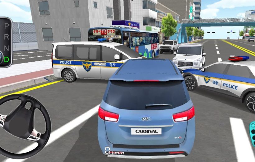 Blue Kia Carnival stopped amid police cars and bus blocking a city street