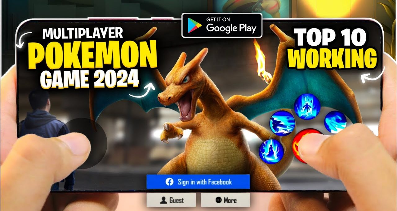 Hands holding phone showing Charizard and text "Pokémon Game 2024" promotional screen.