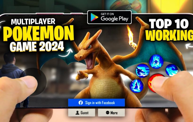 Hands holding phone showing Charizard and text "Pokémon Game 2024" promotional screen.