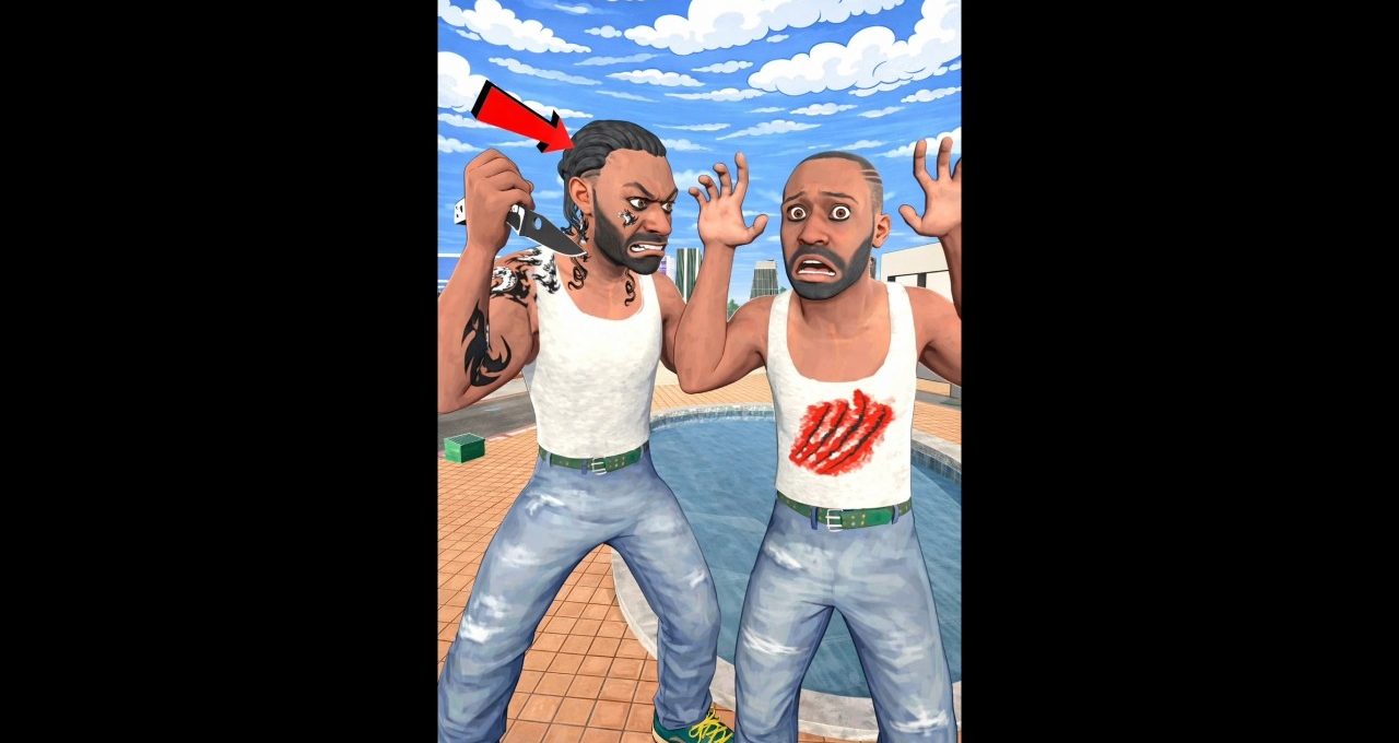 Two angry men by a pool, one holding a knife while the other raises terrified hands.
