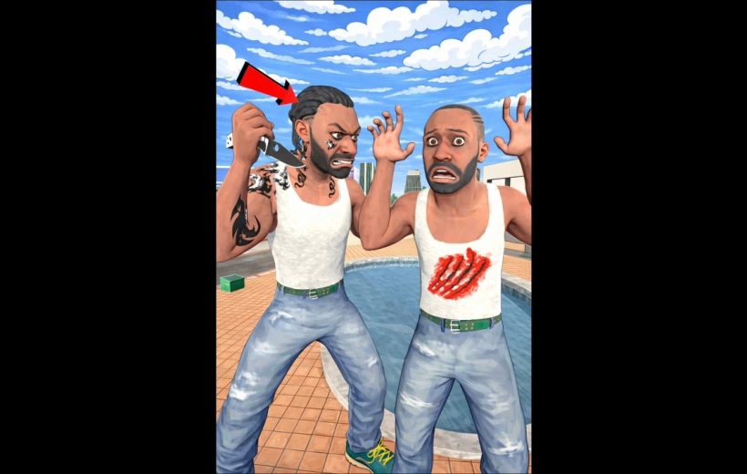 Two angry men by a pool, one holding a knife while the other raises terrified hands.