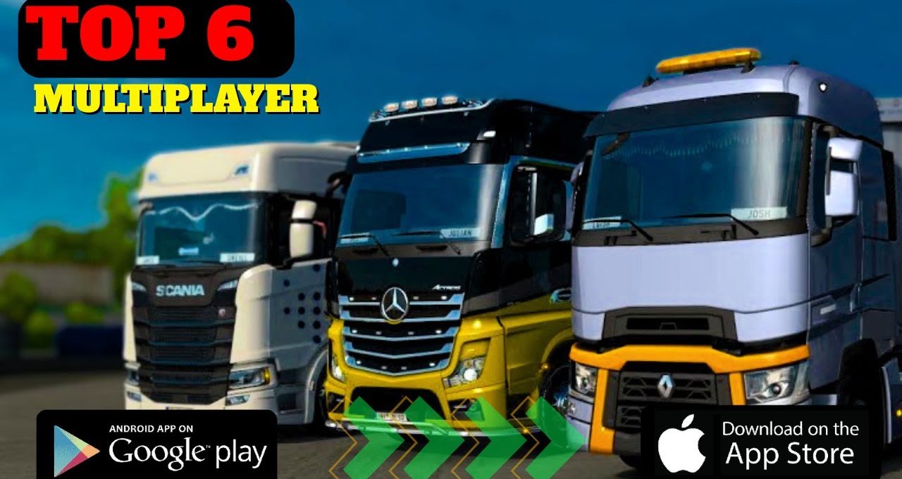 Three large colorful semi-trucks parked side by side promoting multiplayer driving game download