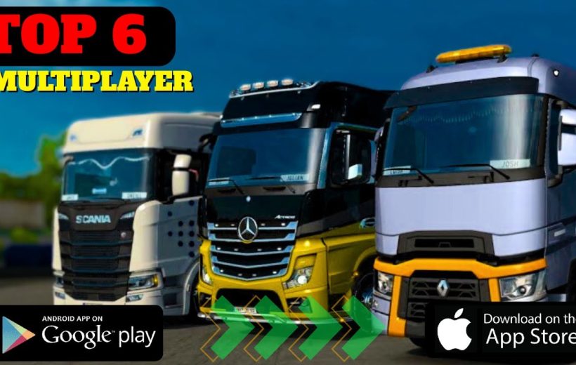 Three large colorful semi-trucks parked side by side promoting multiplayer driving game download