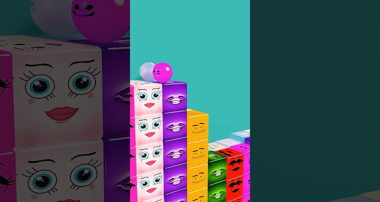 Colorful stacked face cubes and smiling balls forming a playful ascending tower scene
