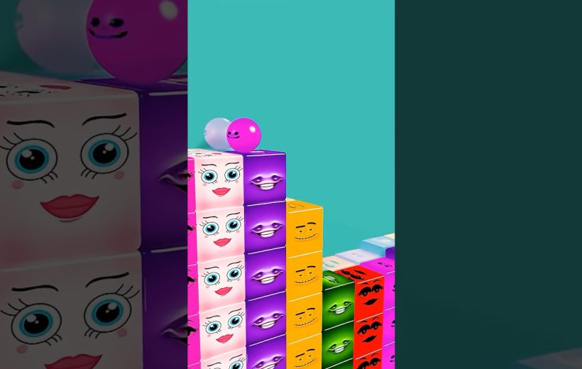 Colorful stacked face cubes and smiling balls forming a playful ascending tower scene