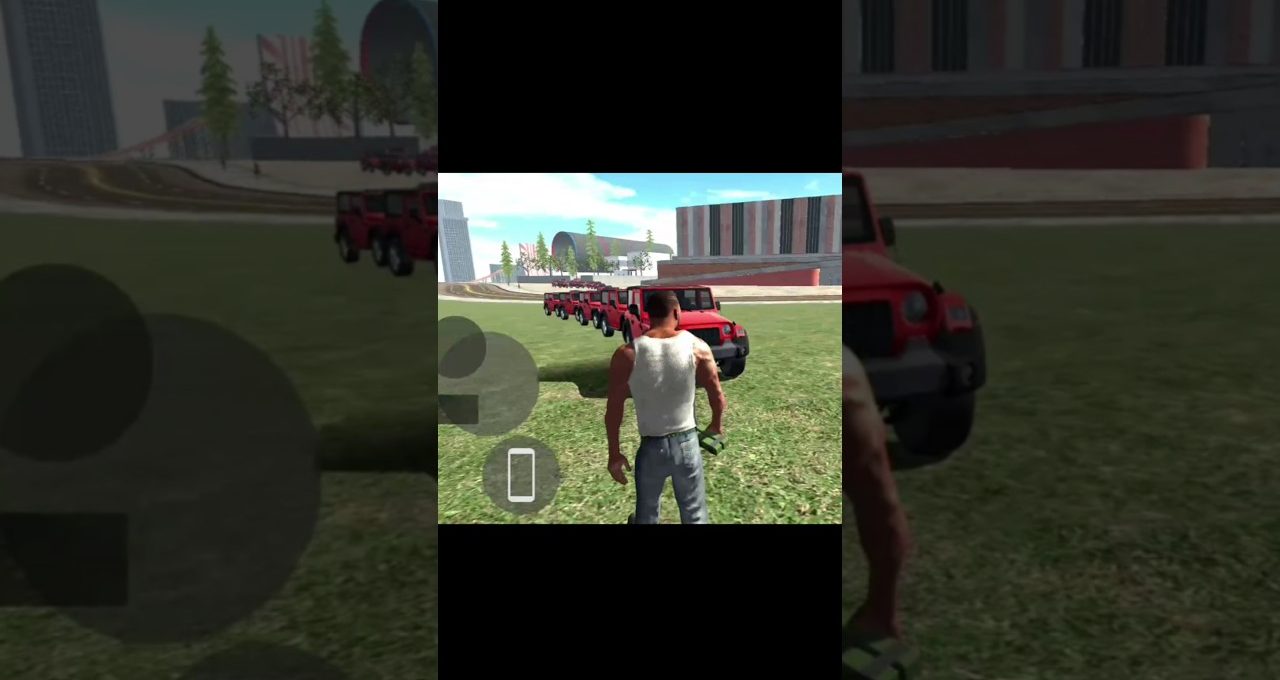 Third-person game character facing a line of red SUVs on grassy urban field