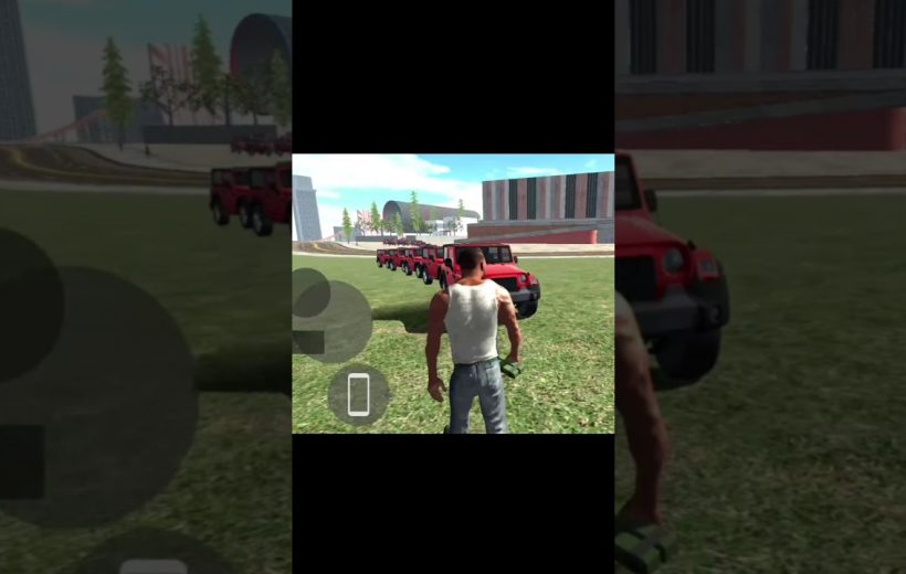 Third-person game character facing a line of red SUVs on grassy urban field