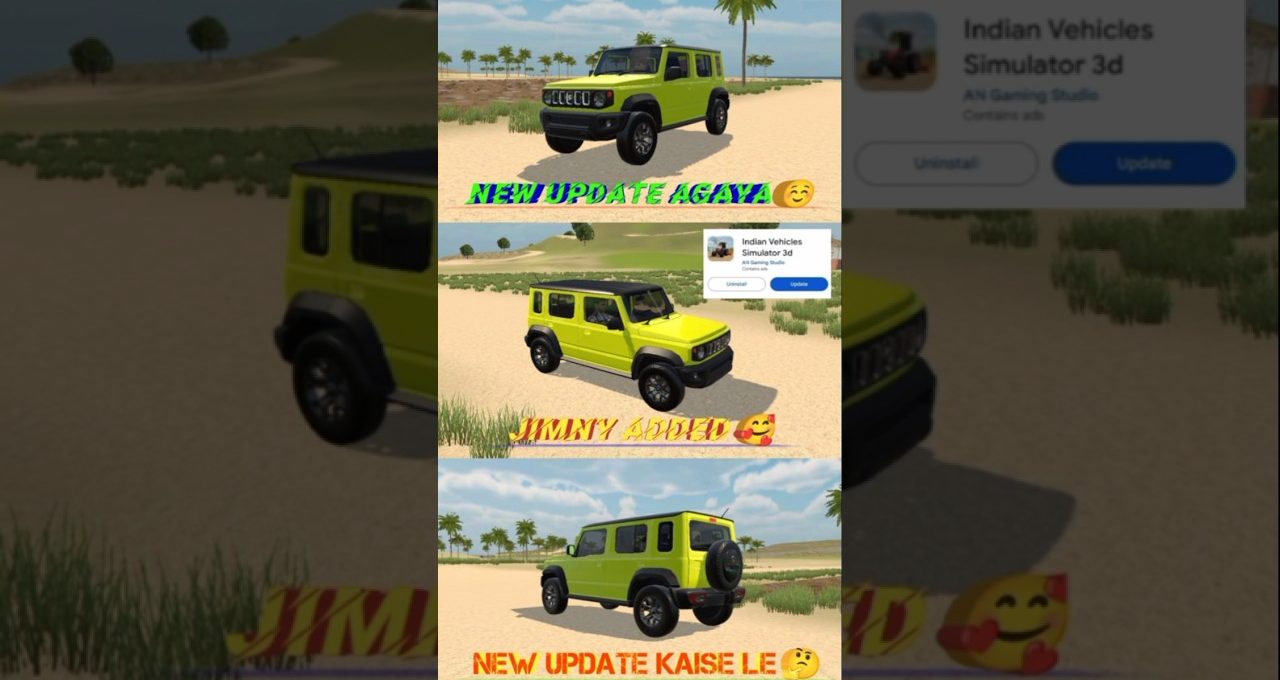 Bright green compact SUV shown from three angles on a sandy, palm-lined beach scene