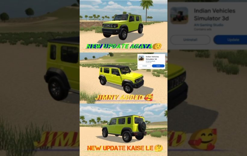 Bright green compact SUV shown from three angles on a sandy, palm-lined beach scene