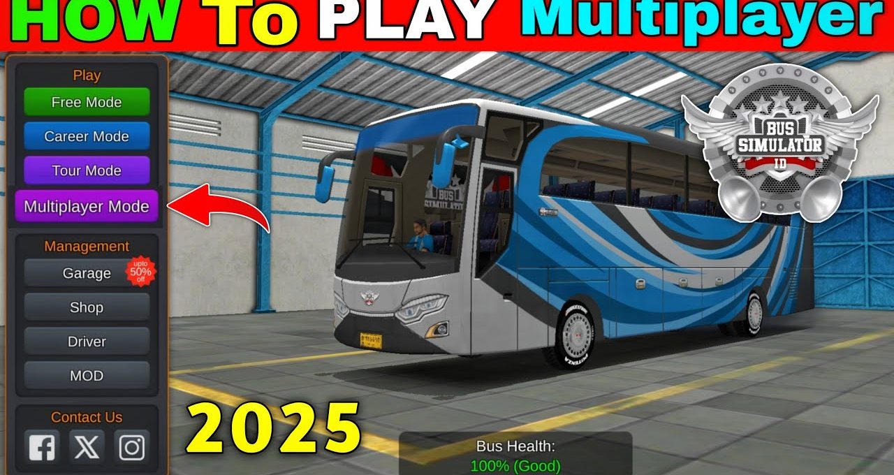 Blue and white coach parked inside garage with game menu highlighting Multiplayer Mode