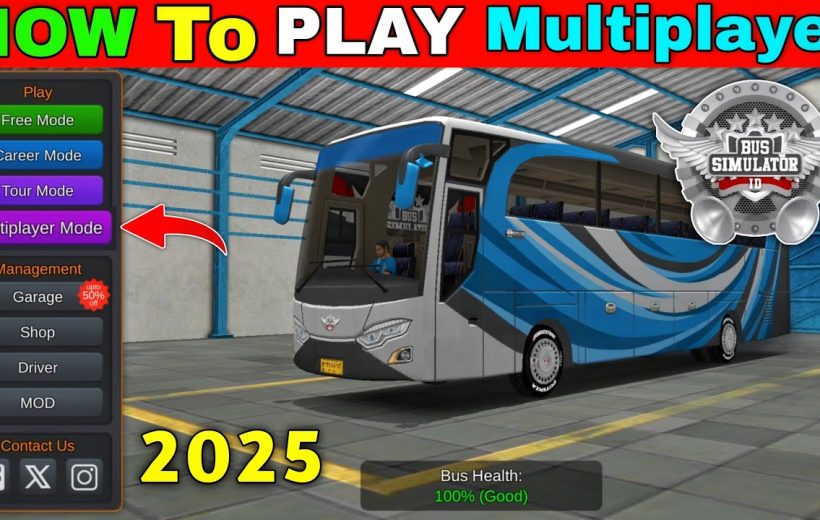 Blue and white coach parked inside garage with game menu highlighting Multiplayer Mode
