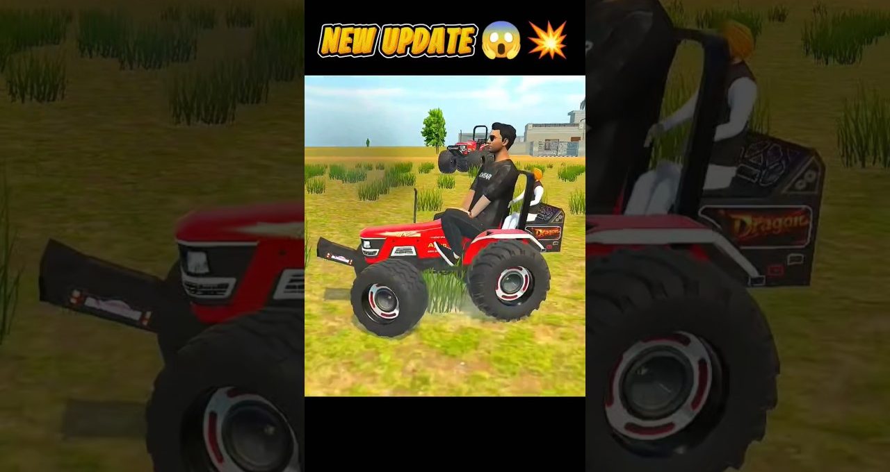 Man driving a red tractor across grassy field with buildings in background