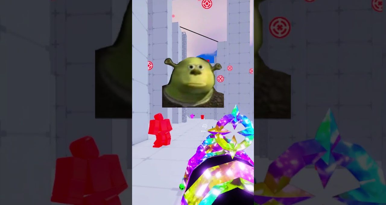 First-person view of colorful weapon aiming at red blocky enemies under a Shrek poster