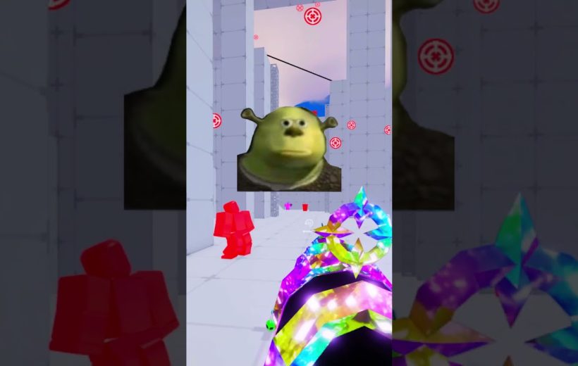 First-person view of colorful weapon aiming at red blocky enemies under a Shrek poster