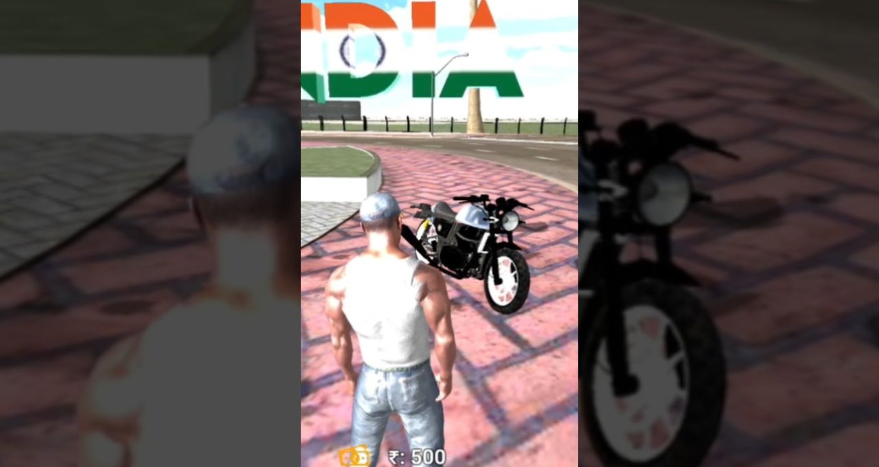 Player character stands on a plaza facing a parked black motorcycle near road.
