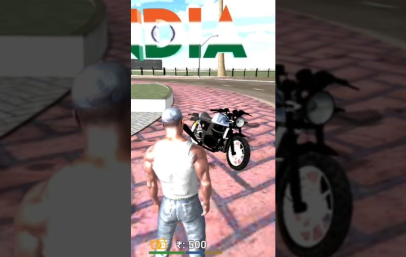 Player character stands on a plaza facing a parked black motorcycle near road.