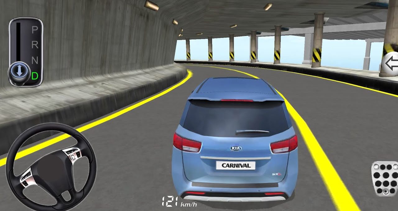 Blue Kia Carnival driving through a curved multi-level concrete parking ramp, rear view