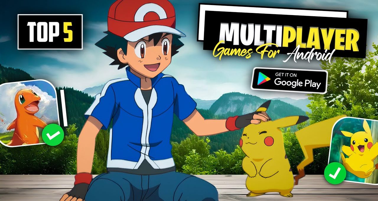 Animated trainer patting Pikachu beside forest backdrop with "Multiplayer Games for Android" text