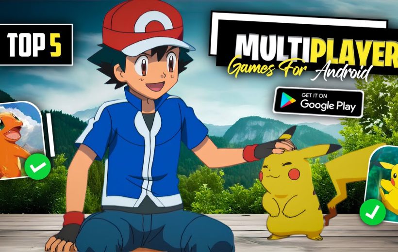 Animated trainer patting Pikachu beside forest backdrop with "Multiplayer Games for Android" text