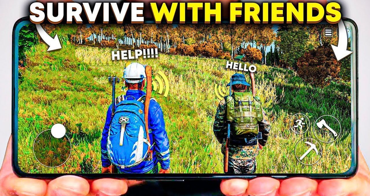Two players with backpacks exploring grassy forest landscape on a mobile survival game screen