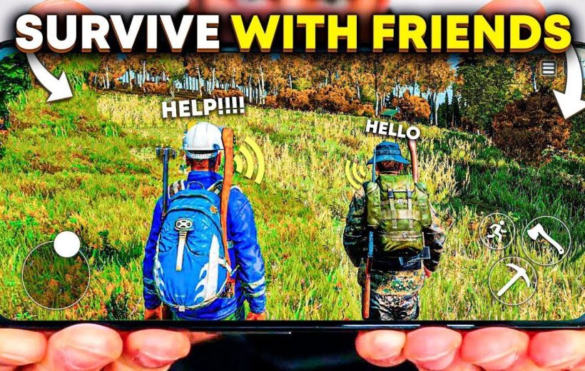 Two players with backpacks exploring grassy forest landscape on a mobile survival game screen