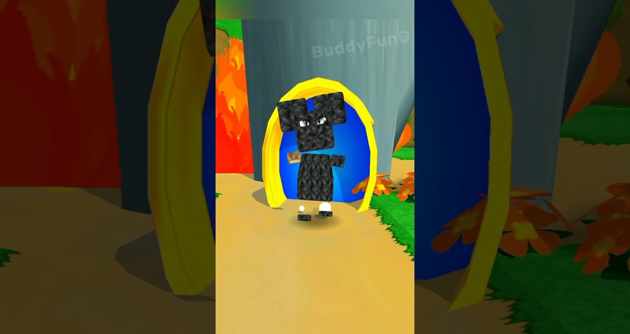 Blocky black character with glowing eyes standing in a yellow-framed blue doorway