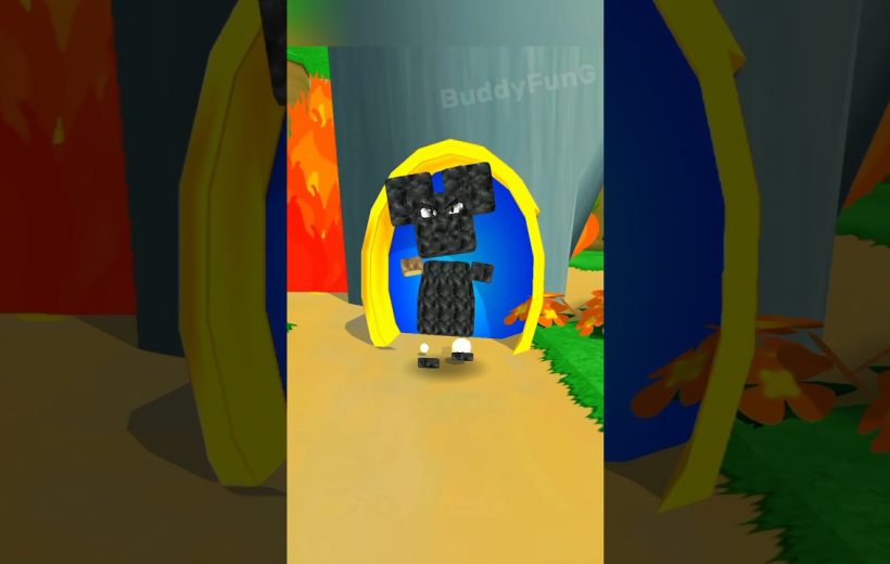Blocky black character with glowing eyes standing in a yellow-framed blue doorway