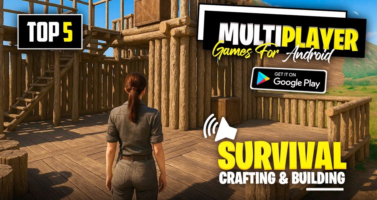 Third-person character standing on wooden fort platform in survival crafting multiplayer game setting