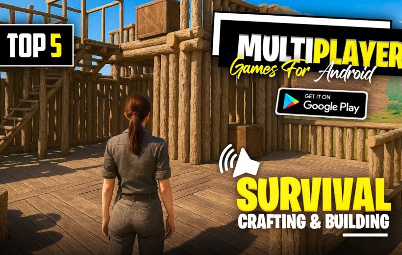 Third-person character standing on wooden fort platform in survival crafting multiplayer game setting
