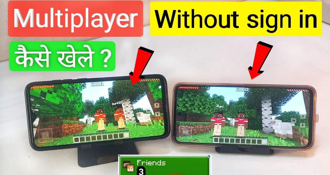 Two smartphones side-by-side showing Minecraft multiplayer gameplay with two characters and sheep