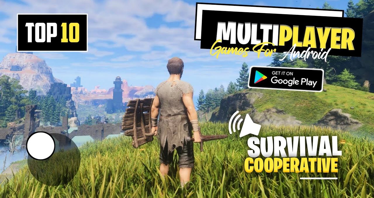 Player character with crude shield overlooking grassy valley toward distant castle in survival game