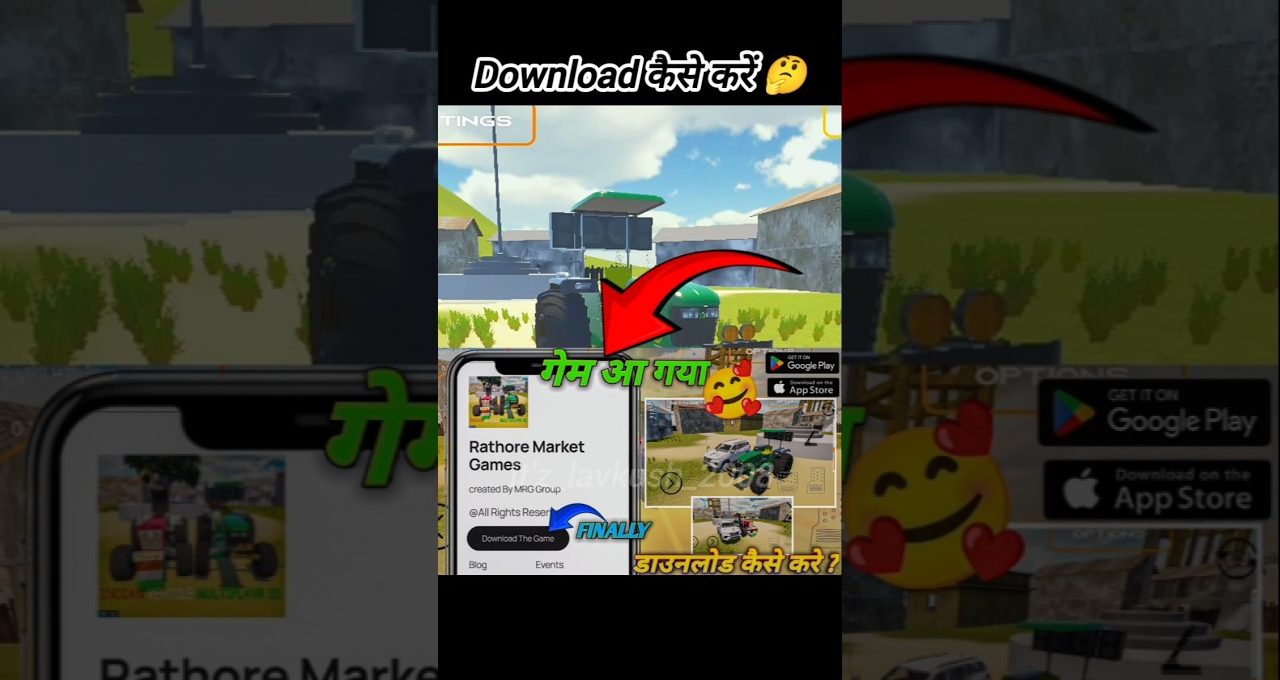 Smartphone screen showing Rathore Market Games app with tractor gameplay and download prompt