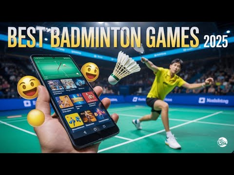 Smartphone displaying badminton game apps while player lunges to hit a shuttlecock on court