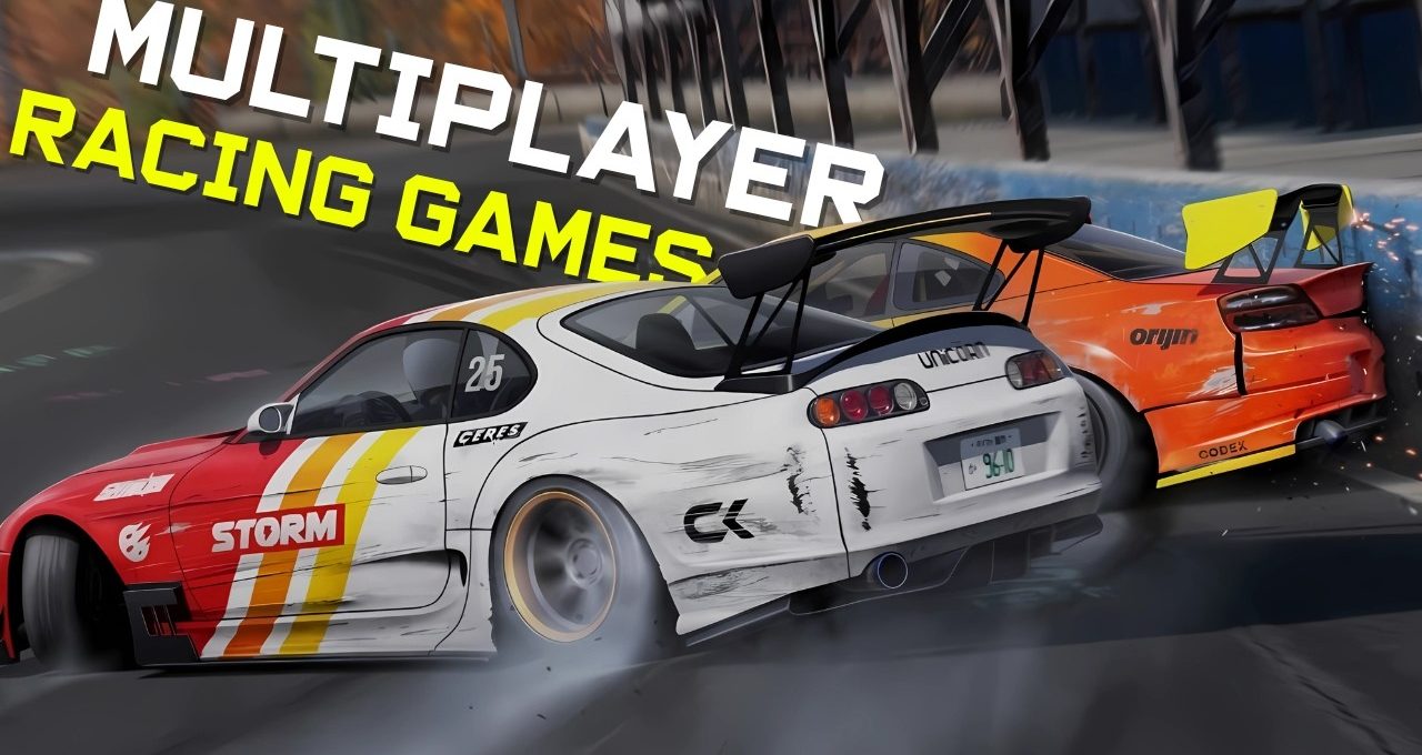 Two race cars drifting closely on a track with sparks and sponsor decals