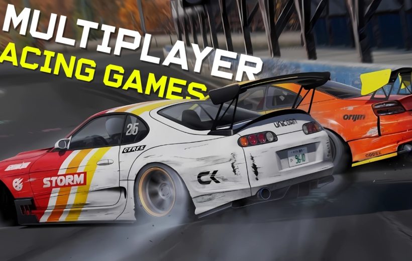 Two race cars drifting closely on a track with sparks and sponsor decals