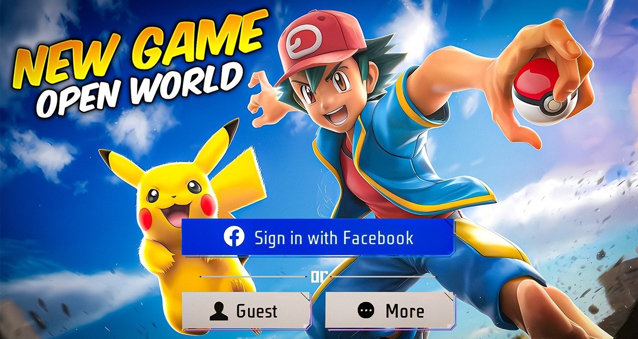 Ash-themed trainer holding a Poké Ball with Pikachu beside him on blue sky background