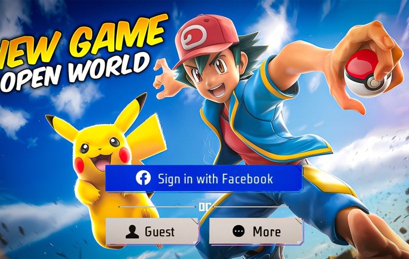 Ash-themed trainer holding a Poké Ball with Pikachu beside him on blue sky background
