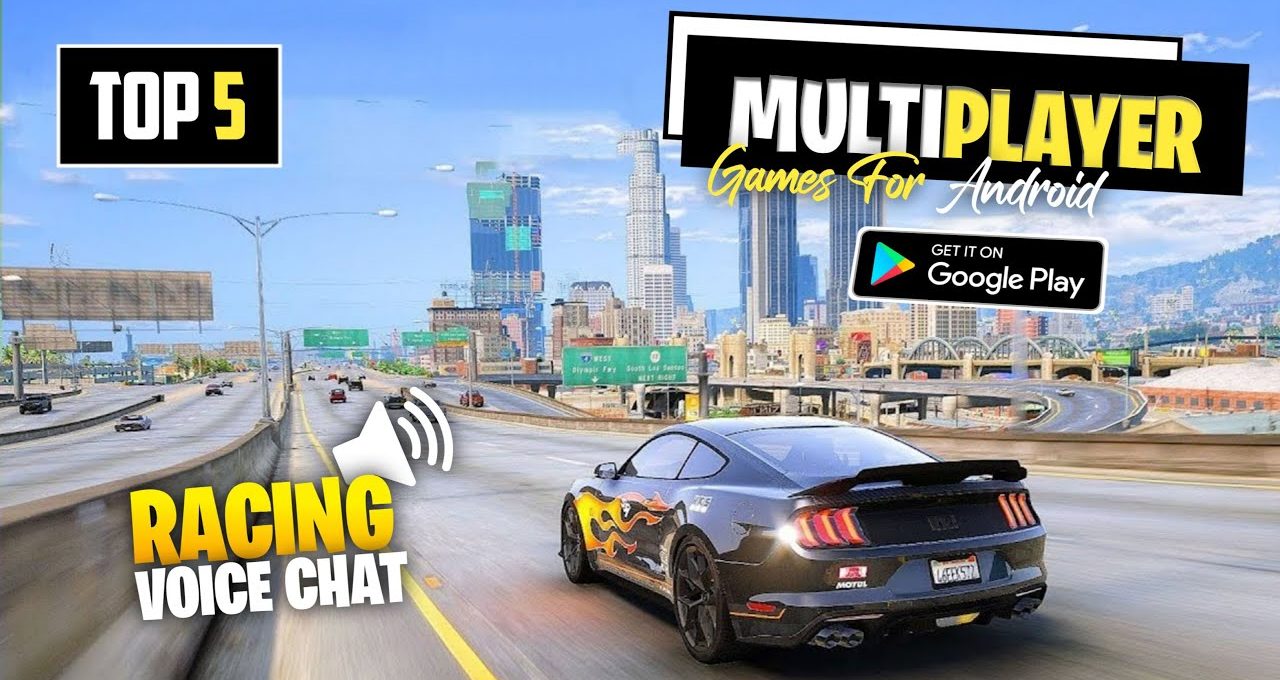 Sports car with flame decals racing on a highway toward a city skyline banner